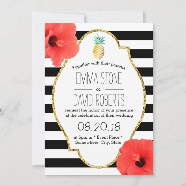 Hawaiian Pineapple Hibiscus Flowers Modern Bröllop Inbjudningar (Framsida)