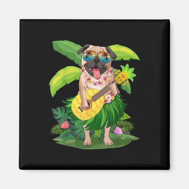Hawaiian Pug Hund&amp; Pineapple Ukulele Summer Va Magnet (Framsidan)