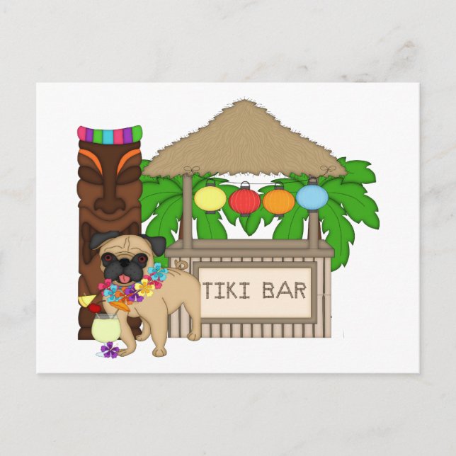 Hawaiian Pug på Tiki Pub Anpassade Tees, gåvor Vykort (Framsida)