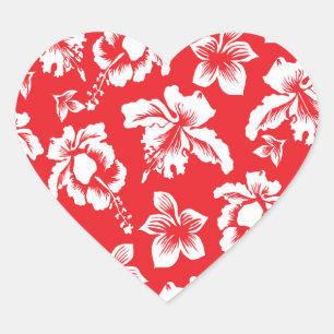 Hawaiian Red Flowers Hjärtformat Klistermärke