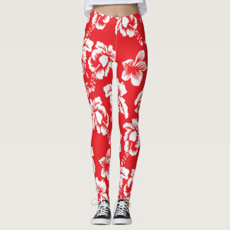 Hawaiian Red Hibiscus Blommigt Print Leggings