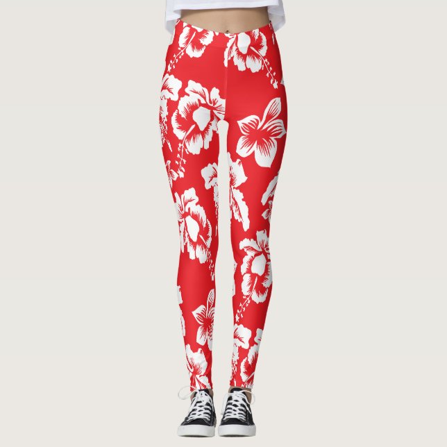 Hawaiian Red Hibiscus Blommigt Print Leggings (Framsida)