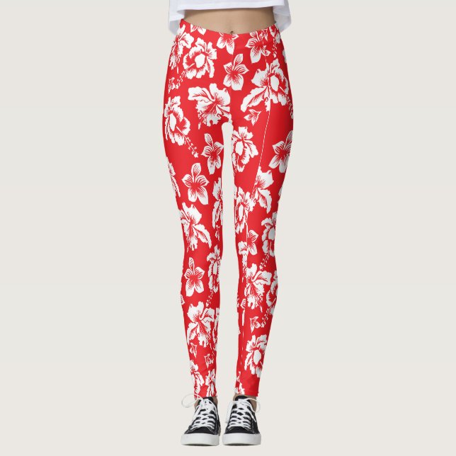 Hawaiian Red Hibiscus Blommigt Print Leggings (Framsida)