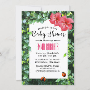 Hawaiian Red Hibiscus Ladybug Tropical Baby Shower Inbjudningar