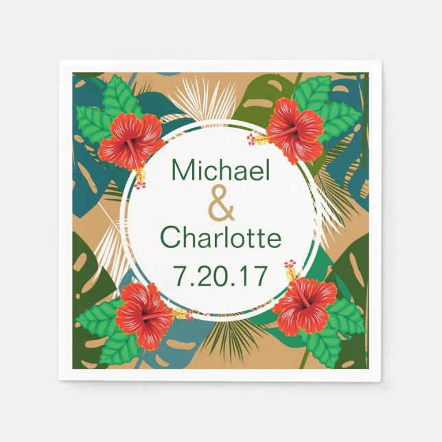 Hawaiian Red Hibiscus Luau Bride & Groom Namn Pappersservett (Framsidan)