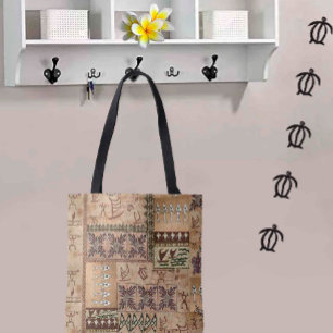 Hawaiian Sailing Canoe och Petroglyph Tapa Tote Tygkasse