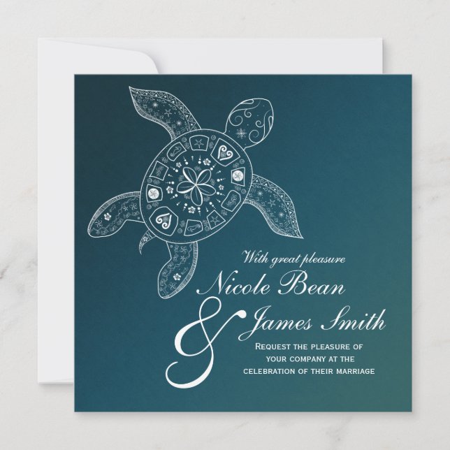 Hawaiian Sea Turtle White på Teal Beach Wedding Inbjudningar (Framsida)