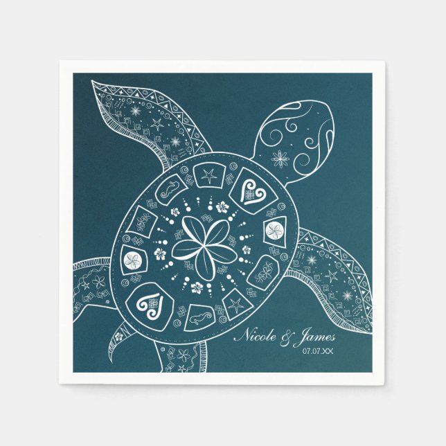 Hawaiian Sea Turtle White på Teal Beach Wedding Pappersservett (Framsidan)