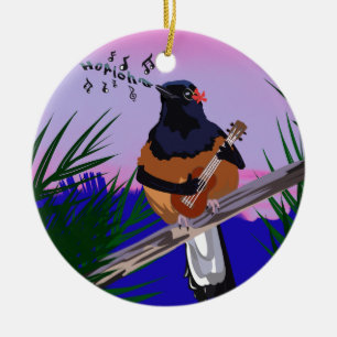 Hawaiian Shama Bird spelar ukulele Julgransprydnad Keramik