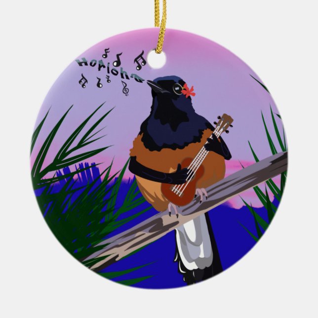 Hawaiian Shama Bird spelar ukulele Julgransprydnad Keramik (Framsidan)