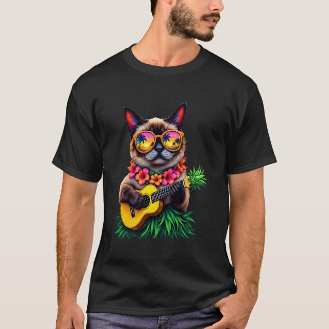 Hawaiian Siamese Cat & Pineapple Ukulele Summer Va T Shirt (Framsida)