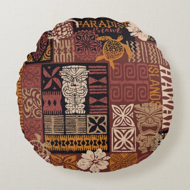 Hawaiian stil, stammotiv för vävnadspatchwork abst rund kudde (Framsidan)