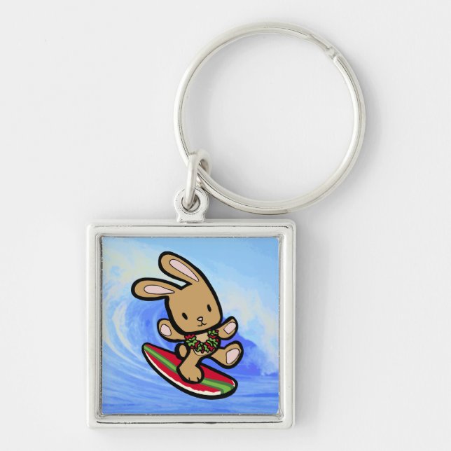 Hawaiian Surfing Bunny Helgdag Tecknad Fyrkantig Silverfärgad Nyckelring (Framsidan)