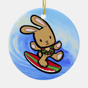 Hawaiian Surfing Bunny Helgdag Tecknad Julgransprydnad Keramik