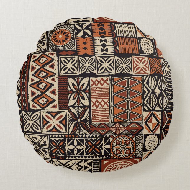 Hawaiian Tapa: Tribal Patchwork Rund Kudde (Framsidan)