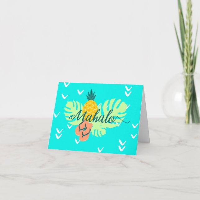 Hawaiian Teal Mahalo Script Pineapple Monstera Helgkort (Framsida)
