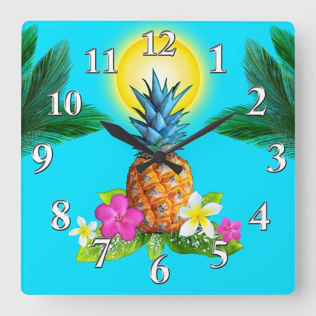 Hawaiian Thated Decor, Stunning Pineapple Clock Fyrkantig Klocka (Framsida)