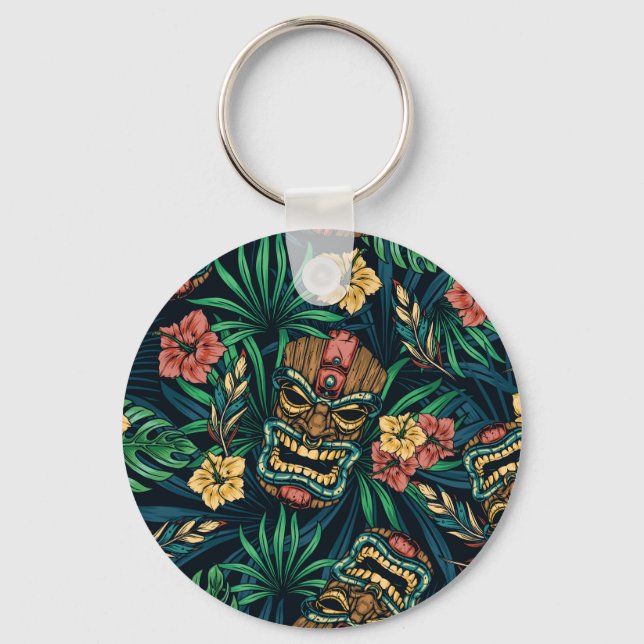 Hawaiian Tiki Mask Tropical Mönster Nyckelring (Framsida)