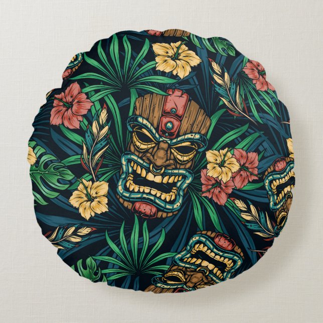Hawaiian Tiki Mask Tropical Mönster Rund Kudde (Framsidan)