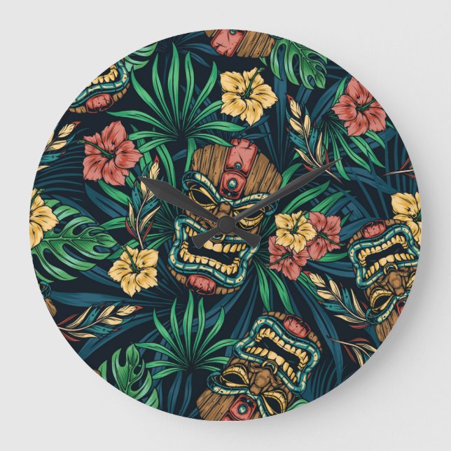 Hawaiian Tiki Mask Tropical Mönster Stor Klocka (Framsida)