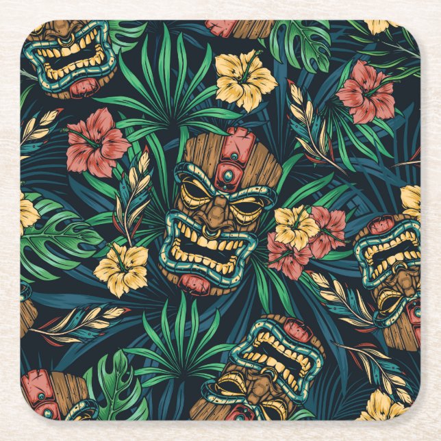 Hawaiian Tiki Mask Tropical Mönster Underlägg Papper Kvadrat (Framsidan)