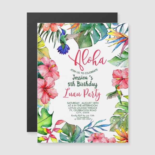 Hawaiian Tropical Blommigt Birthday Luau Magnetisk Inbjudningskort (Fram/baksida)