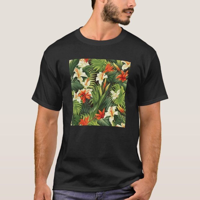 Hawaiian Tropical Flower Leaf Pattern Beach Vacati T Shirt (Framsida)