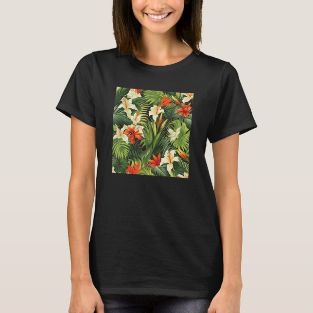 Hawaiian Tropical Flower Leaf Pattern Beach Vacati T Shirt (Framsida)