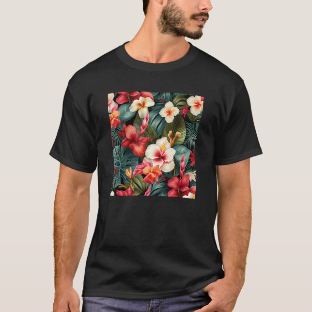 Hawaiian Tropical Flower Leaf Pattern Beach Vacati T Shirt (Framsida)