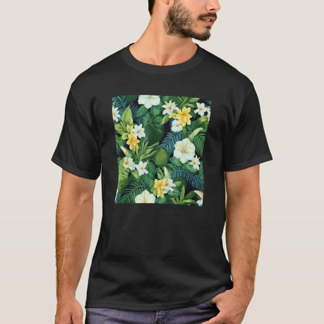 Hawaiian Tropical Flower Leaf Pattern Beach Vacati T Shirt (Framsida)