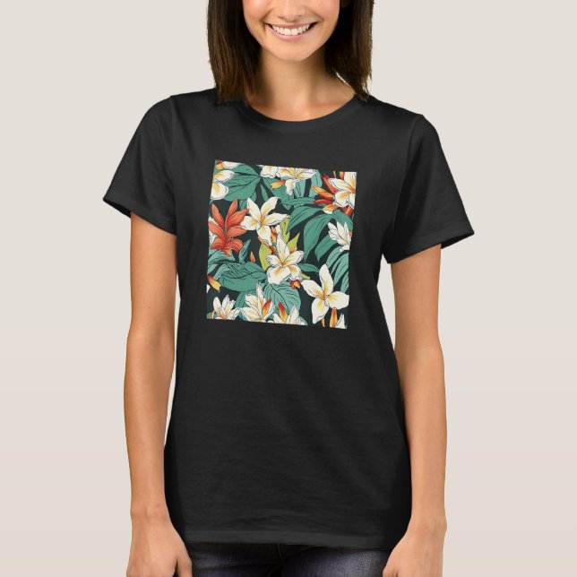 Hawaiian Tropical Flower Leaf Pattern Beach Vacati T Shirt (Framsida)