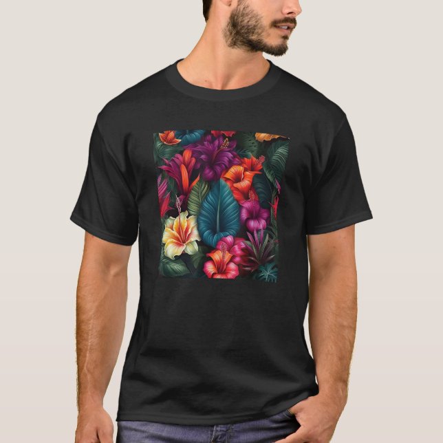 Hawaiian Tropical Flower Leaf Pattern Beach Vacati T Shirt (Framsida)