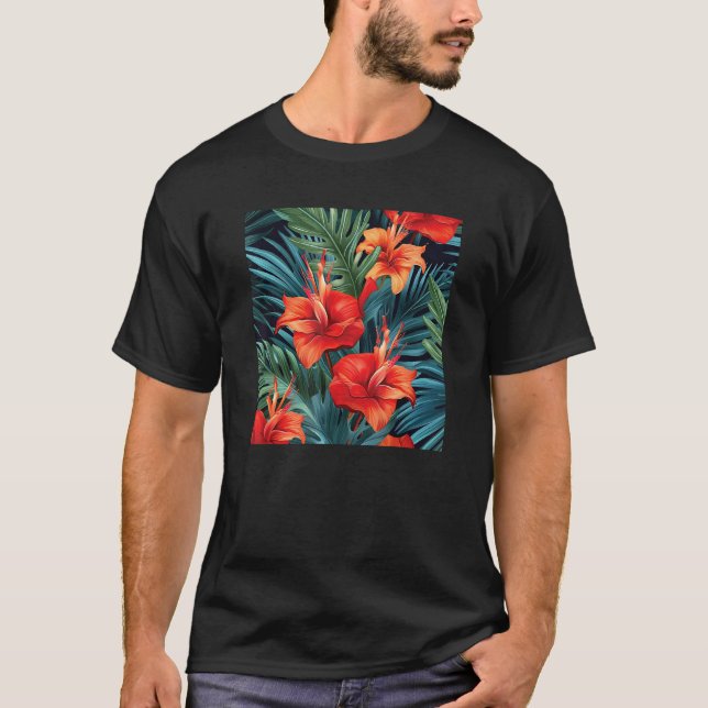 Hawaiian Tropical Flower Leaf Pattern Beach Vacati T Shirt (Framsida)
