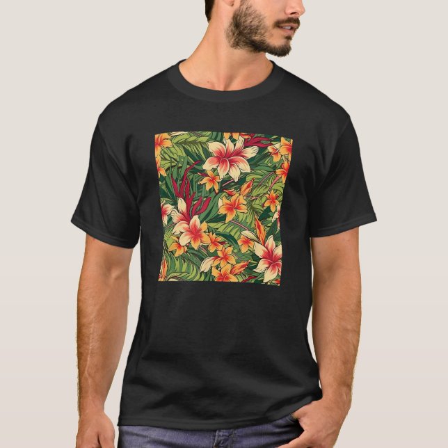 Hawaiian Tropical Flower Leaf Pattern Beach Vacati T Shirt (Framsida)