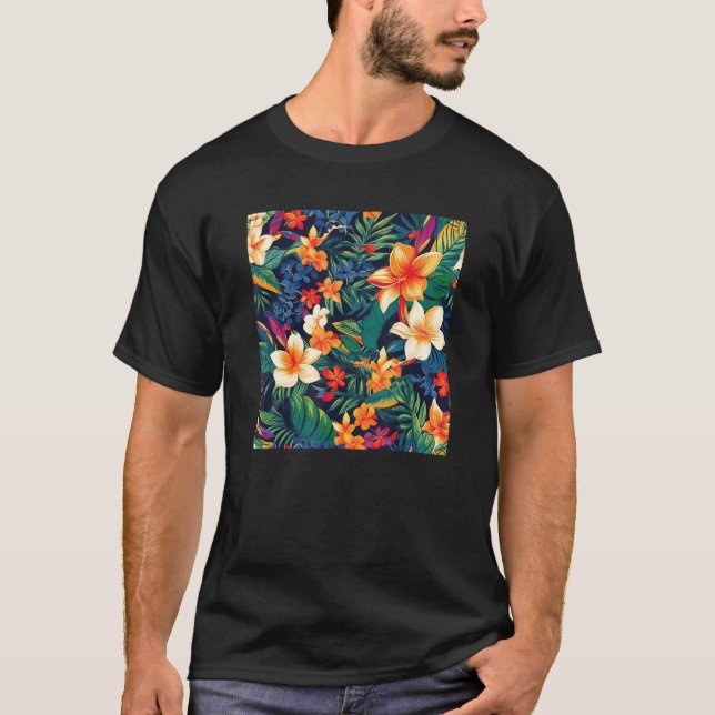 Hawaiian Tropical Flower Leaf Pattern Beach Vacati T Shirt (Framsida)