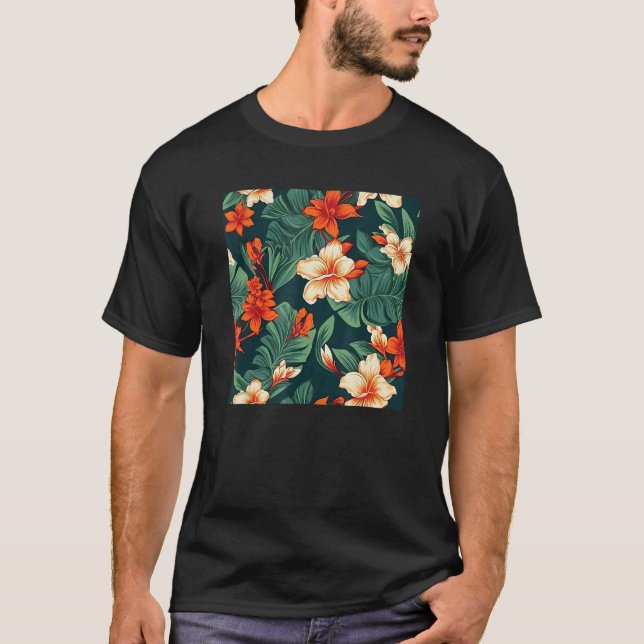 Hawaiian Tropical Flower Leaf Pattern Beach Vacati T Shirt (Framsida)