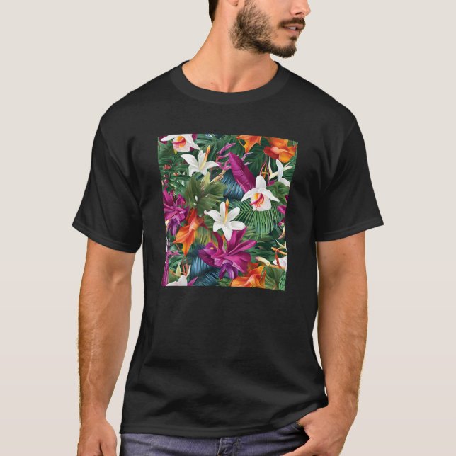 Hawaiian Tropical Flower Leaf Pattern Beach Vacati T Shirt (Framsida)