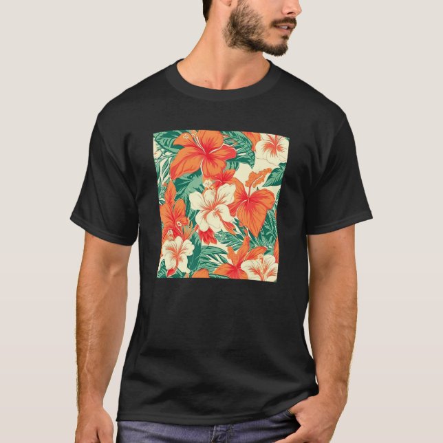 Hawaiian Tropical Flower Leaf Pattern Beach Vacati T Shirt (Framsida)