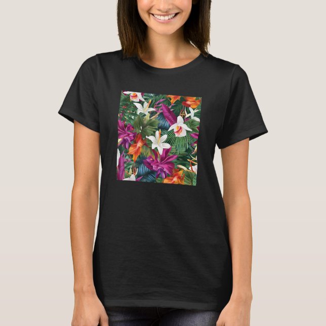 Hawaiian Tropical Flower Leaf Pattern Beach Vacati T Shirt (Framsida)