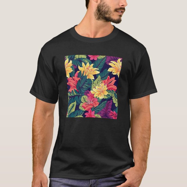Hawaiian Tropical Flower Leaf Pattern Beach Vacati T Shirt (Framsida)