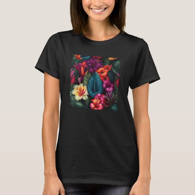 Hawaiian Tropical Flower Leaf Pattern Beach Vacati T Shirt (Framsida)