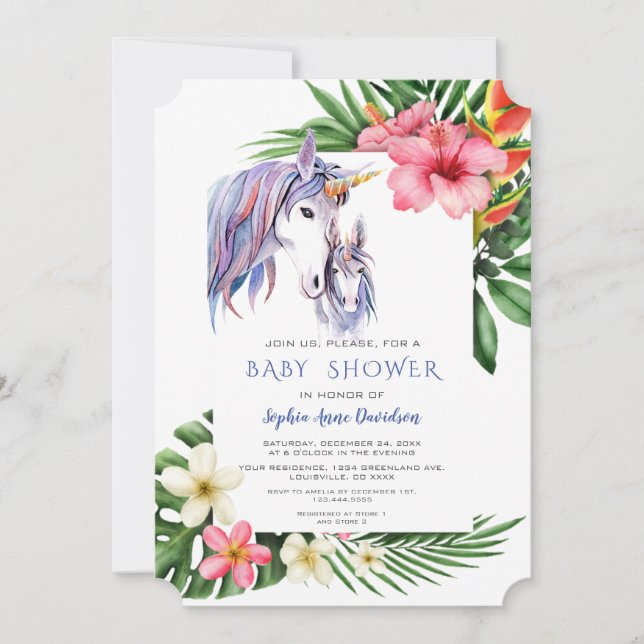 Hawaiian Tropical Flowers Unicorn Boy Shower Inbjudningar (Framsida)