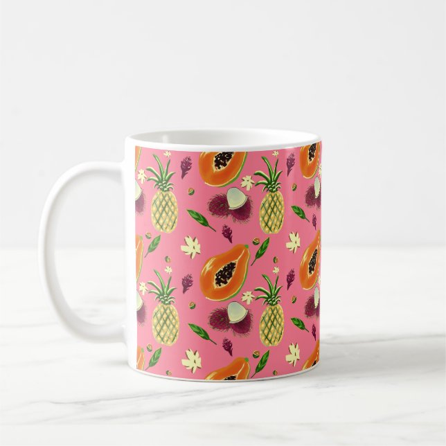 Hawaiian Tropical Fruit Pattern Mug Coral Kaffemugg (Vänster)