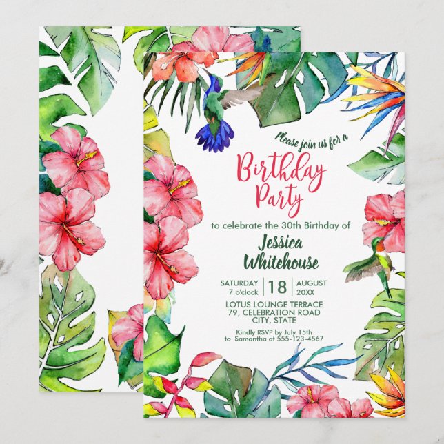 Hawaiian Tropical Watercolor Flowers Birthday Inbjudningar (Fram/baksida)