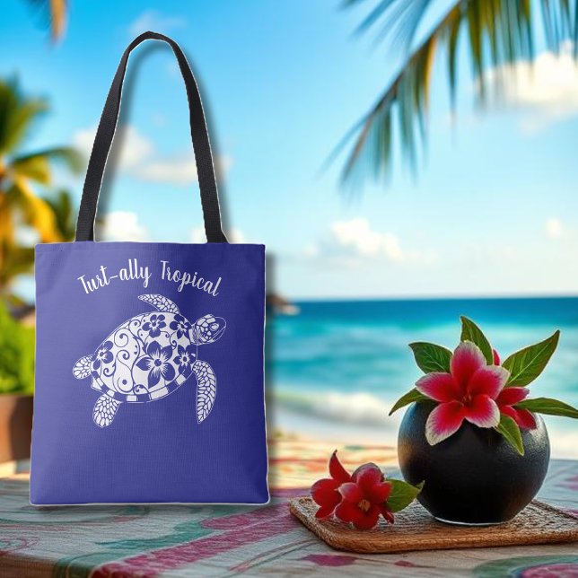Hawaiian Turtle Fisherman Aesthetic Deep Blue Tygkasse (Hawaiian Turtle-Tropical Flowers, Elegant hawaiian Tribals, summer, beach, fisherman aesthetic Tote)