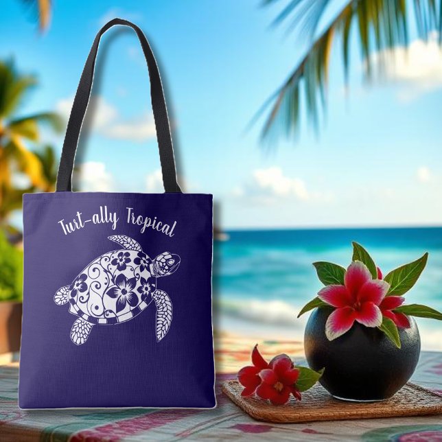 Hawaiian Turtle Fisherman Aesthetic-Mörk blått Tygkasse (Hawaiian Turtle-Tropical Flowers, Elegant hawaiian Tribals, summer, beach, fisherman aesthetic Tote)