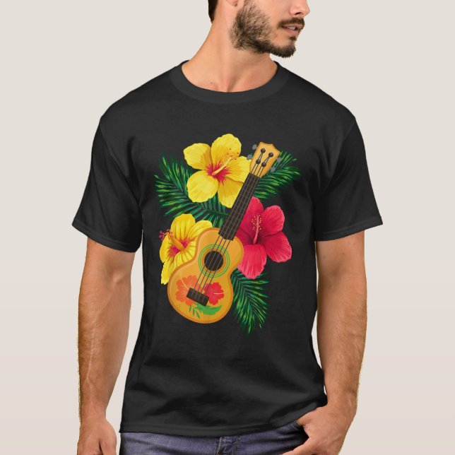 Hawaiian Ukulele Retro Uke Hibiscus T Shirt (Framsida)
