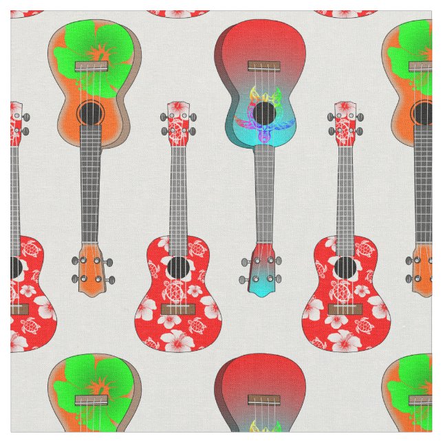 Hawaiian Ukuleles on Blommigt Hibiscus Tyg (Närbild)