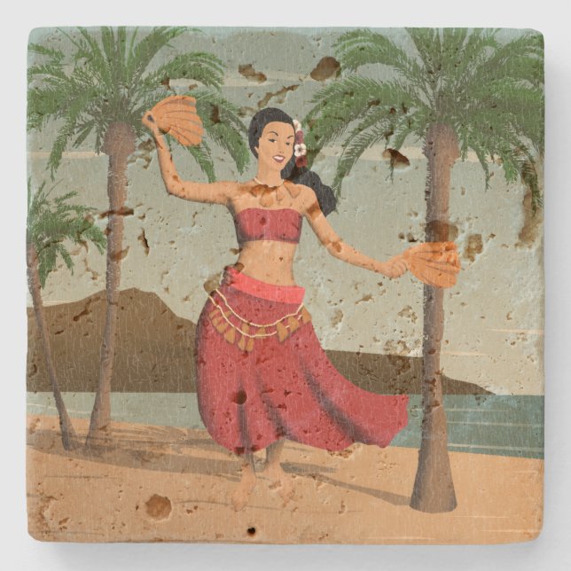 Hawaiian Vintage Hula Girl Distress Postcard Underlägg Sten (Framsidan)