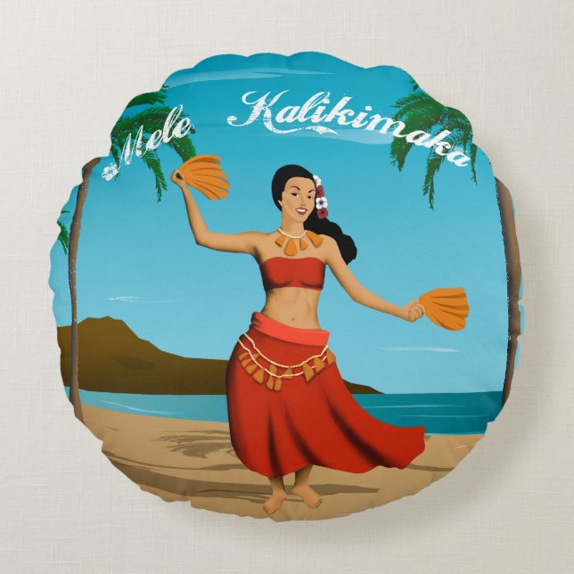 Hawaiian Vintage Mele Kalikimaka Postcard Rund Kudde (Framsidan)